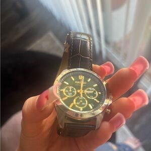 Seiko Gold and Black Dial Watch with Brown Strap